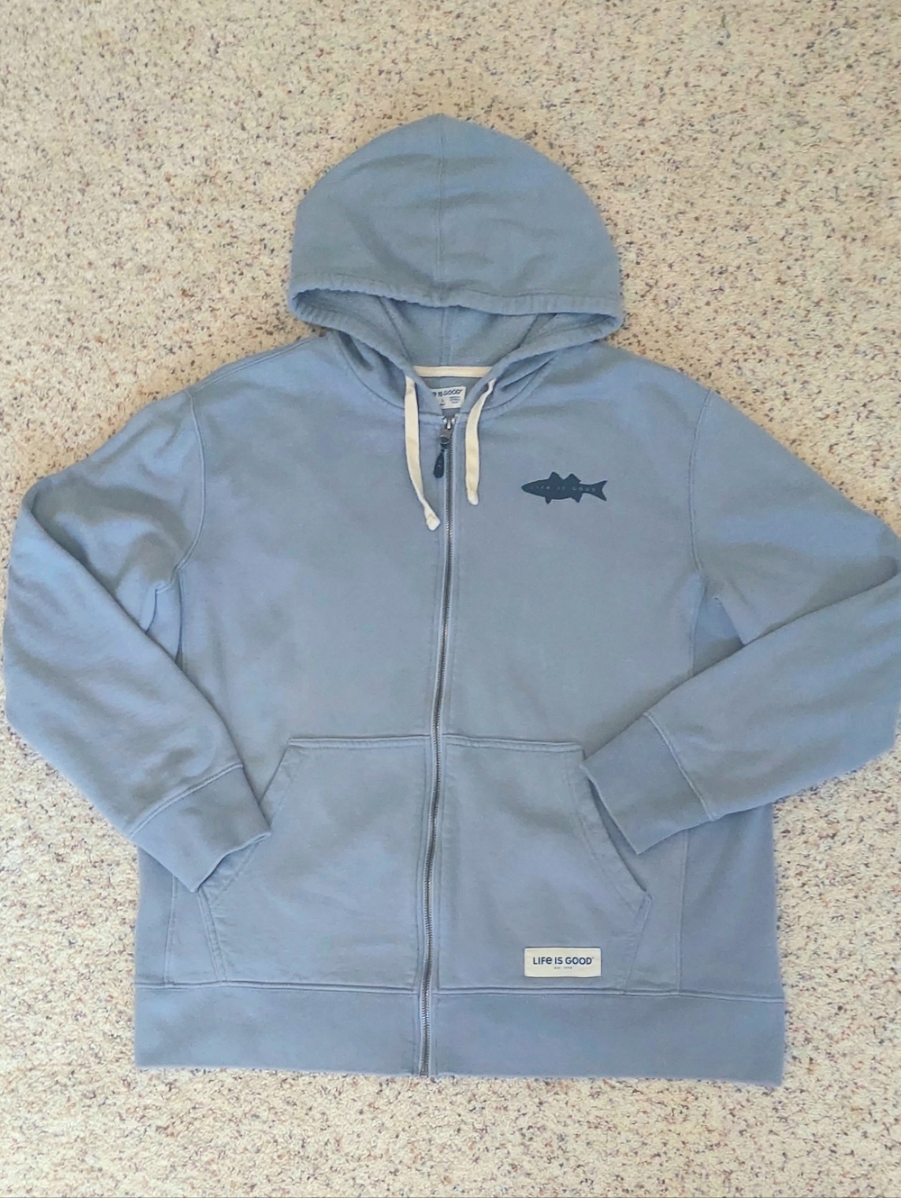 Life Is Good Full Zip Hoodie 100% Cotton Blue "Fish More..." Sweatshirt Mens L